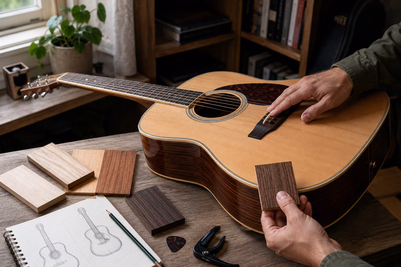 İlk Akustik Gitar Seçimi: Boyut ve Ses - Akustik gitarın hangi parçaları kalite belirleyici? bolumunu gosteren detayli hobi gorseli