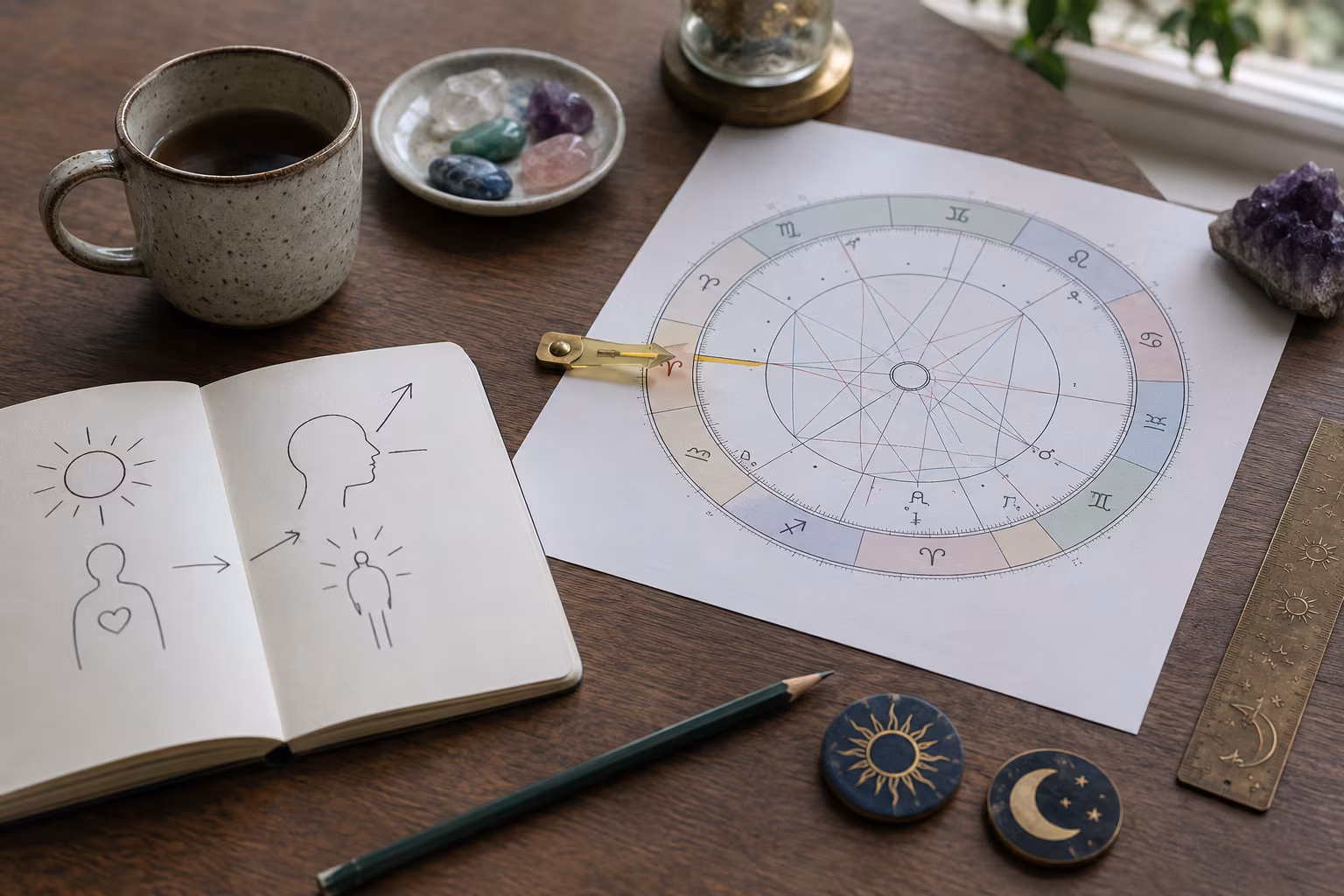 Astrolojik Atlas Okuma: Burç Çarkı ve Evler - Yükselen burç (Ascendant) neyi anlatır? bolumunu gosteren detayli hobi gorseli