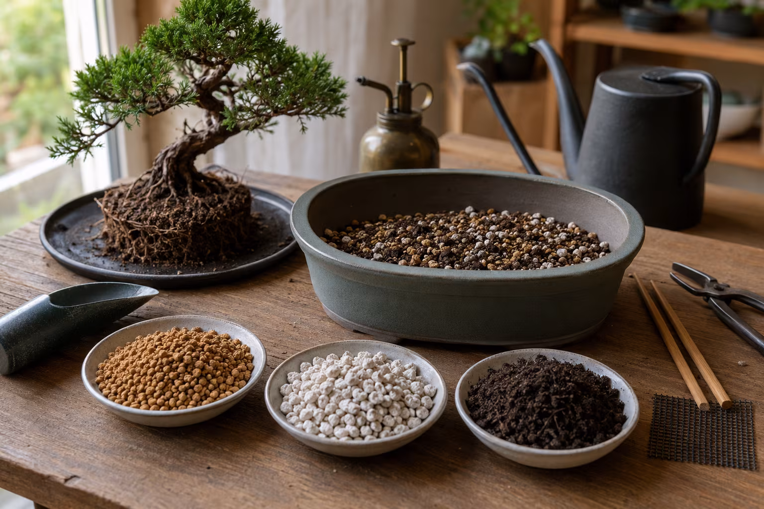 Yeni Başlayanlar İçin Bonsai Sulama Rehberi ve Test - Su tutucu toprak ve drenaj dengesi bolumunu gosteren detayli hobi gorseli