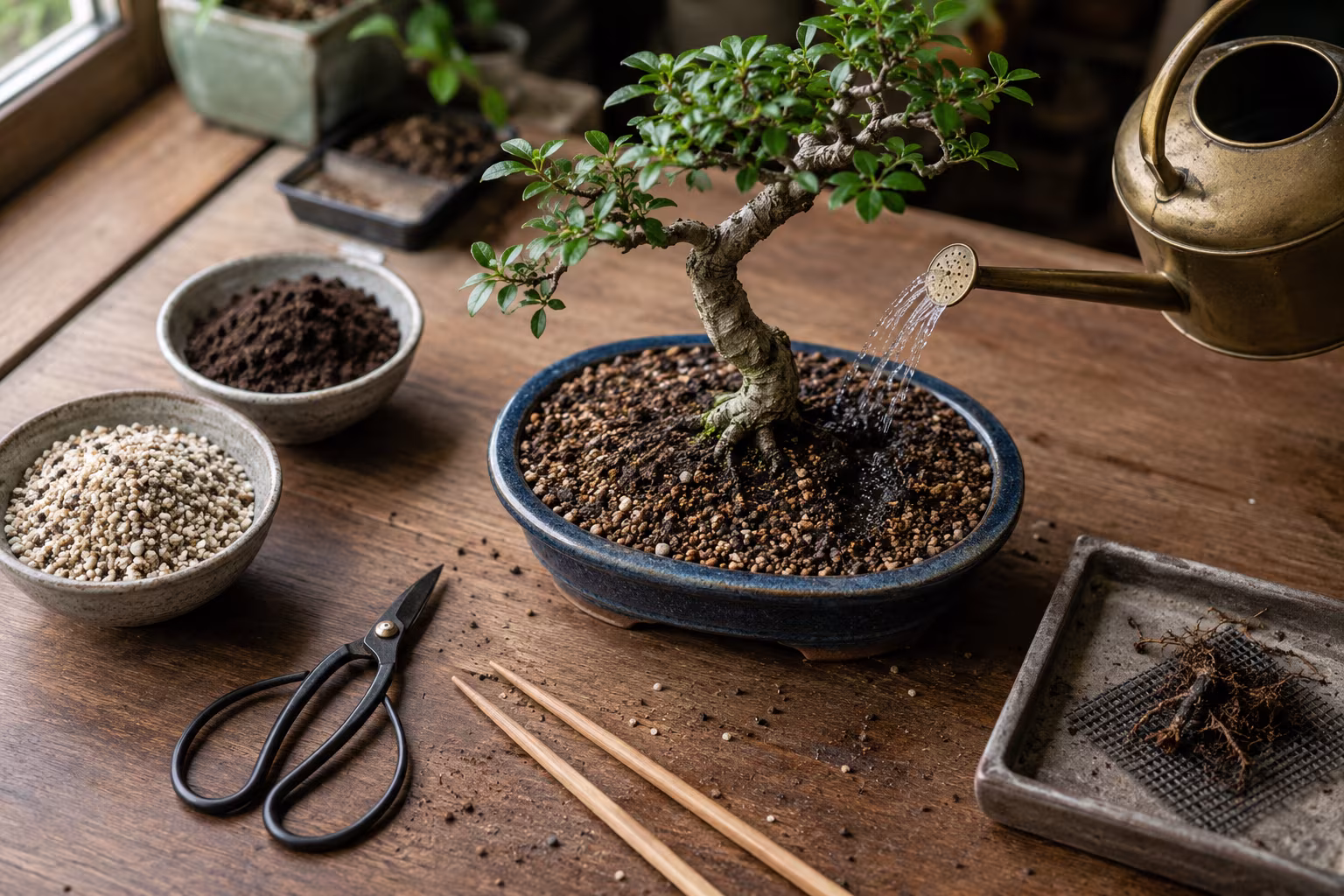 Yeni Başlayanlar İçin Bonsai Sulama Rehberi ve Test - Repotting ve sulama ilişkisi bolumunu gosteren detayli hobi gorseli