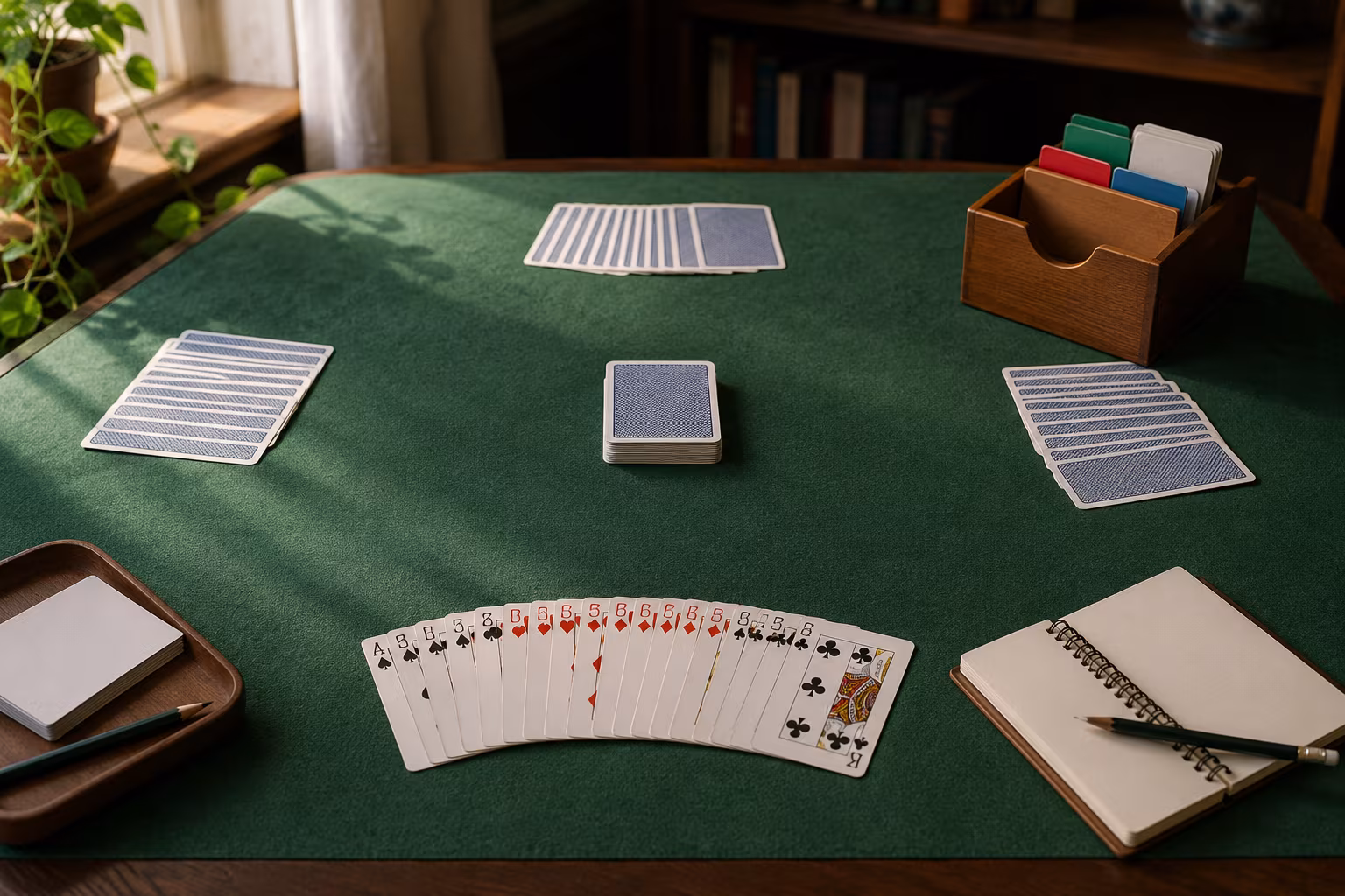 Briç Açılış Lisanları: Standart Amerikan Sistemi - Briç oyununun yapısı: 4 oyuncu, 13 el bolumunu gosteren detayli hobi gorseli