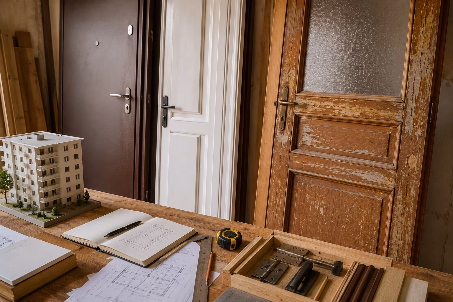Kapı Sıkıştırması Açma: Şişme Ahşap - Apartman ve eski binalarda kapı bakımı bolumunu gosteren detayli hobi gorseli