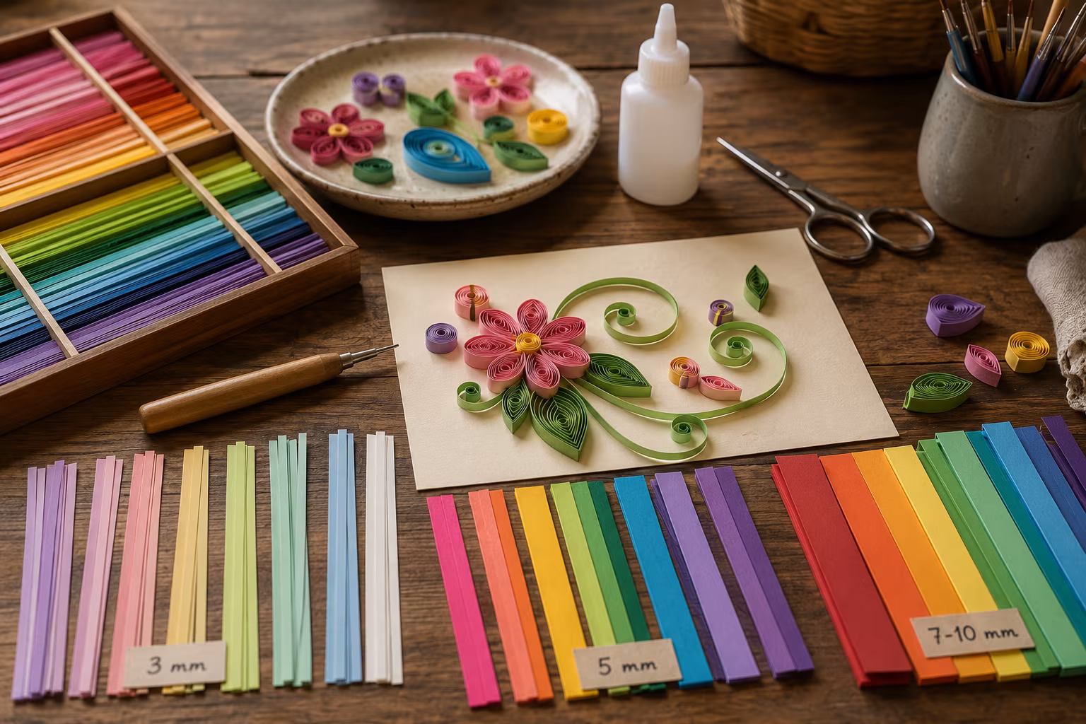 Quilling Kağıt Sarma Tekniği: İlk Modeller - Quilling şeridi türleri ve seçimi bolumunu gosteren detayli hobi gorseli