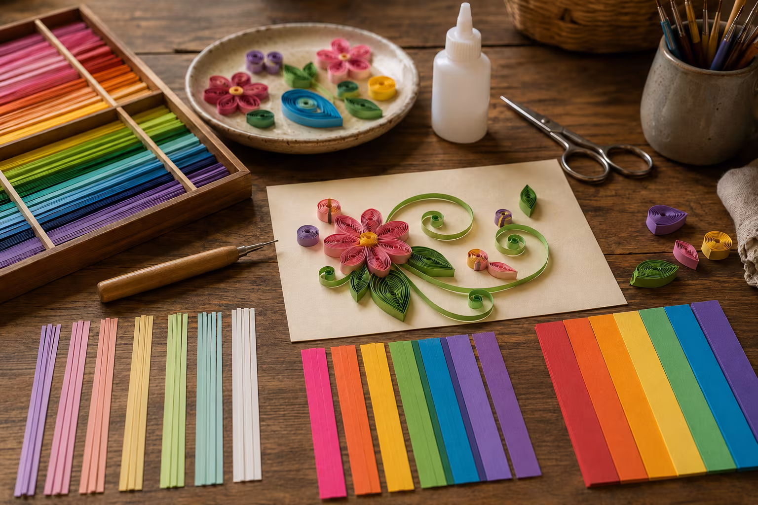 Quilling Kağıt Sarma Tekniği: İlk Modeller - Quilling sanatının terapötik yönü bolumunu gosteren detayli hobi gorseli