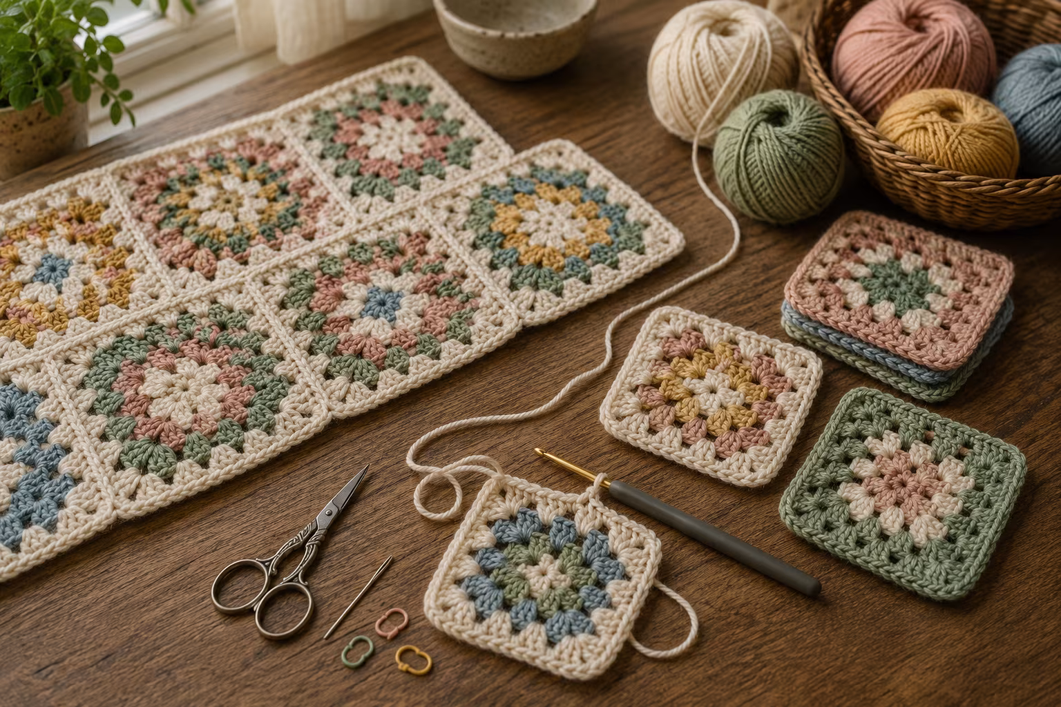 Tığ İşi ile İlk Battaniye: Sayım, Şema ve Sıralama - Granny Square: Klasik Başlangıç Modeli bolumunu gosteren detayli hobi gorseli