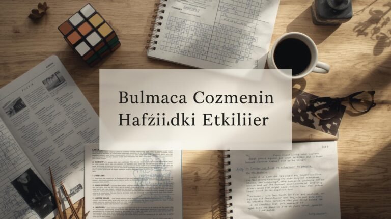 Masa üzerinde bulmaca dergileri, not defteri, Rubik küp ve kahve ile bulmaca çözmenin hafıza üzerindeki etkilerini anlatan görsel.