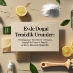 Cam şişelerde ev yapımı doğal temizlik ürünleri, mutfak tezgahı üzerinde düzenlenmiş.
