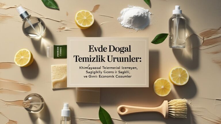 Cam şişelerde ev yapımı doğal temizlik ürünleri, mutfak tezgahı üzerinde düzenlenmiş.