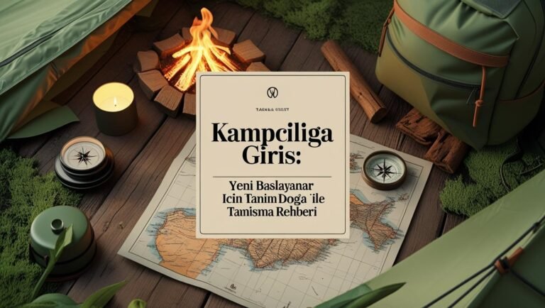 Yeşil kamp çadırı, sırt çantası, pusula ve kamp ateşiyle birlikte kampçılık için başlangıç rehberi temalı görsel.