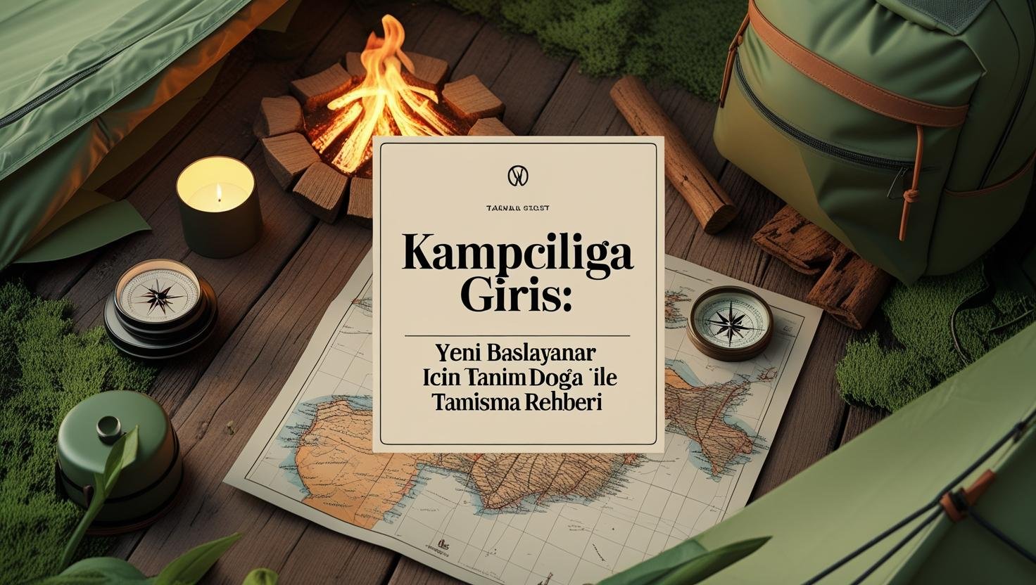 Yeşil kamp çadırı, sırt çantası, pusula ve kamp ateşiyle birlikte kampçılık için başlangıç rehberi temalı görsel.
