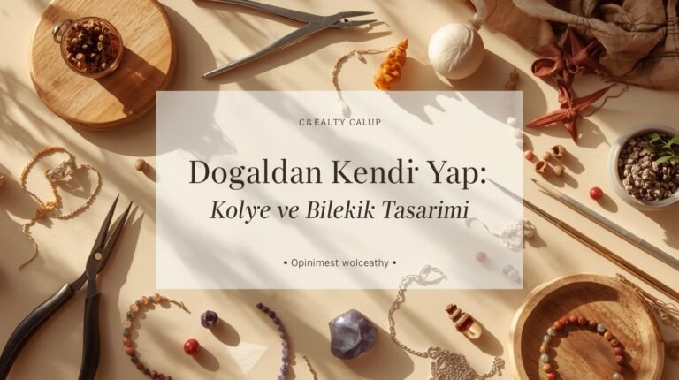 Doğal taşlar, boncuklar ve takı yapım malzemeleriyle kendi kolye ve bileklik tasarımı için hazırlanmış el işi atölyesi masası.