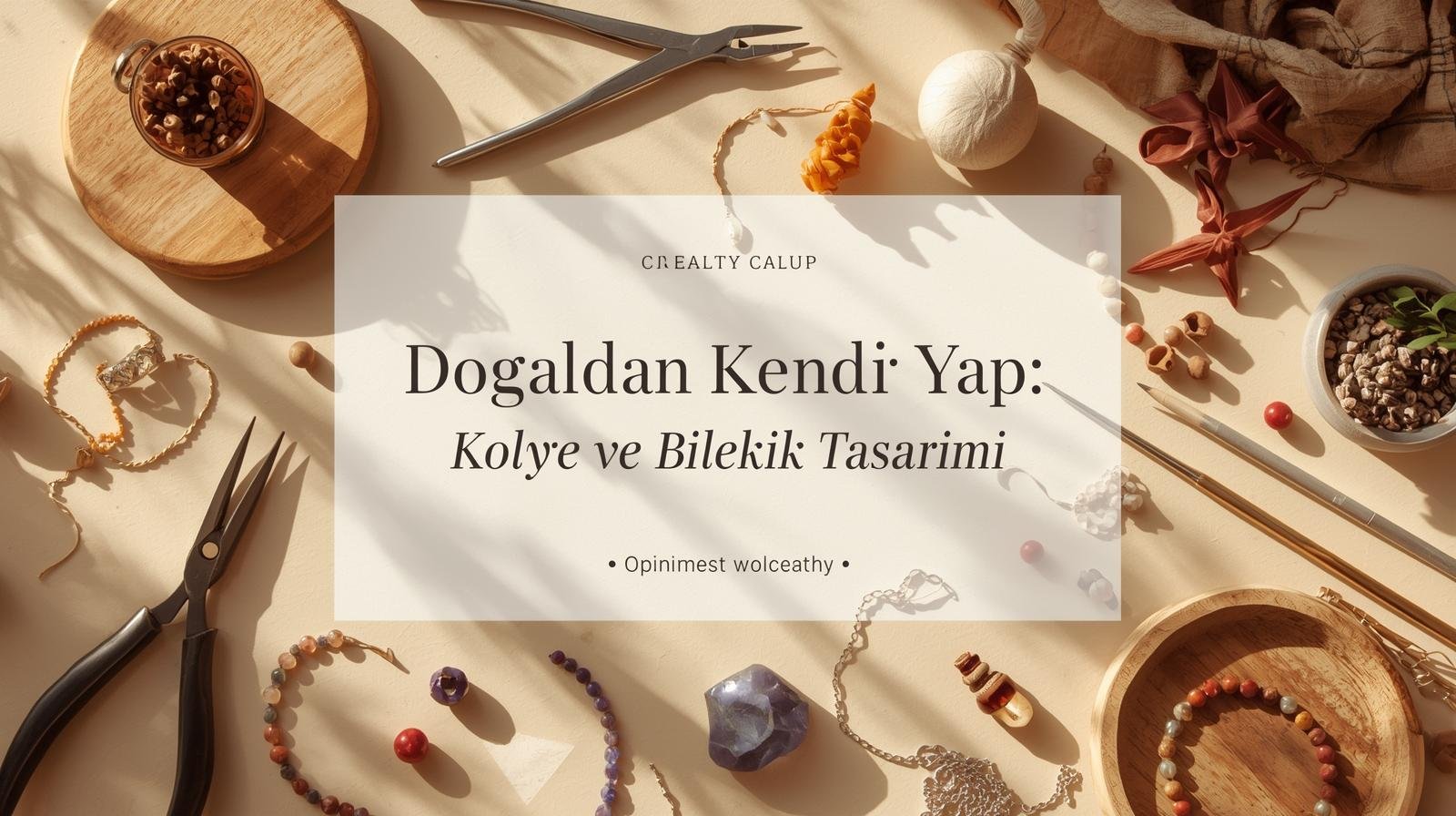 Doğal taşlar, boncuklar ve takı yapım malzemeleriyle kendi kolye ve bileklik tasarımı için hazırlanmış el işi atölyesi masası.