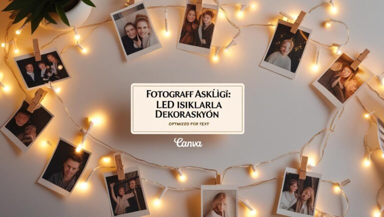 LED ışıklı fotoğraf askılığı, ahşap dekor ve mandallarla fotoğraf sergileme.