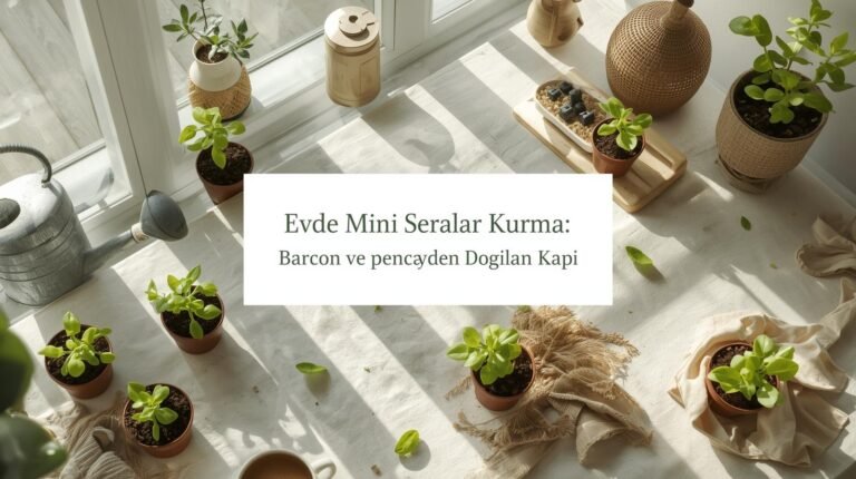 Güneş ışığı alan pencere önünde küçük saksılarda yeşil bitkiler ve dekoratif objelerle evde mini sera düzenlemesi