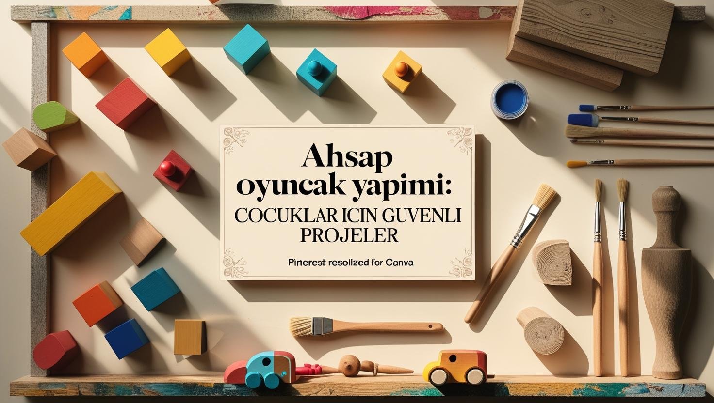 Çeşitli boyut ve renkte ahşap bloklar, boyama fırçaları ve doğal ahşap malzemelerle düzenlenmiş, çocuklar için güvenli ahşap oyuncak yapımı temalı görsel.