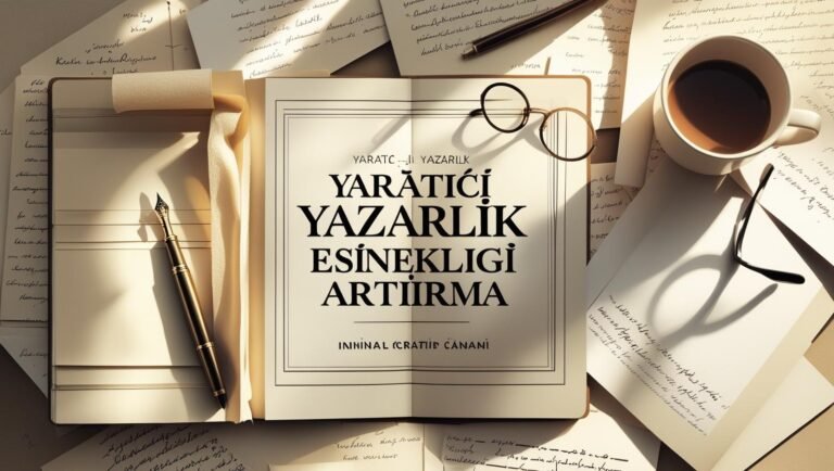 Yaratıcı yazarlık yapan kişi, masa başında not defteri ve kalemle yazarken.