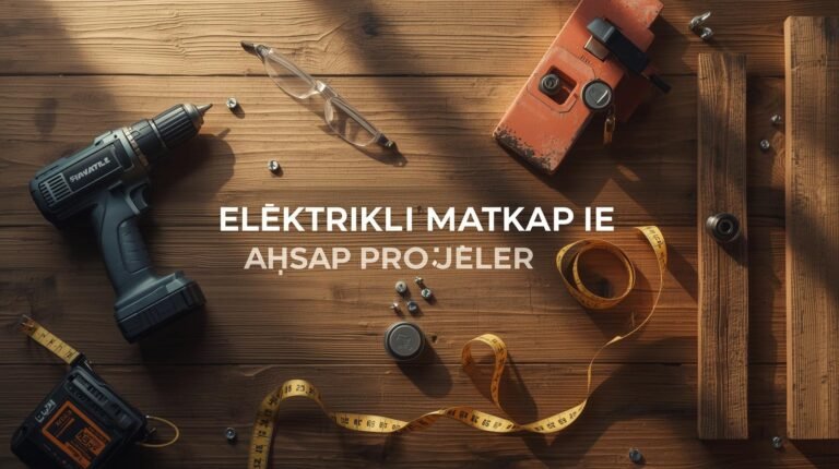 Bir ahşap çalışma tezgahında elektrikli matkap, tahta parçaları, vida ve metre ile hazırlanmış düzenli