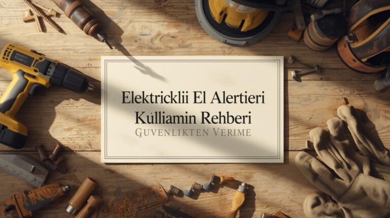Ahşap masa üzerinde matkap, el aletleri, iş eldivenleri ve koruyucu ekipman ile 'Elektrikli El Aletleri Kullanım Rehberi: Güvenlikten Verime' yazılı afiş.