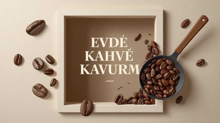 Evde kahve kavurma rehberi için minimalist kapak görseli, modern tipografiyle.