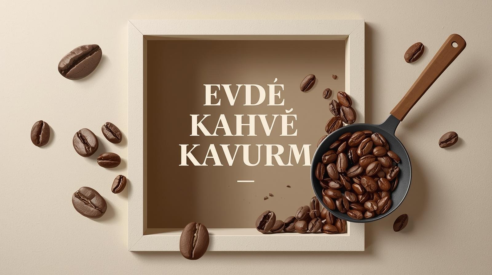 Evde kahve kavurma rehberi için minimalist kapak görseli, modern tipografiyle.