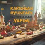 Ev ortamında kartondan yapılmış oyuncak ve oyun setleri: kale, ev ve araba modelleri.