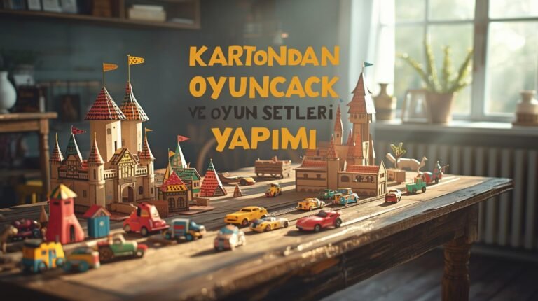 Ev ortamında kartondan yapılmış oyuncak ve oyun setleri: kale, ev ve araba modelleri.