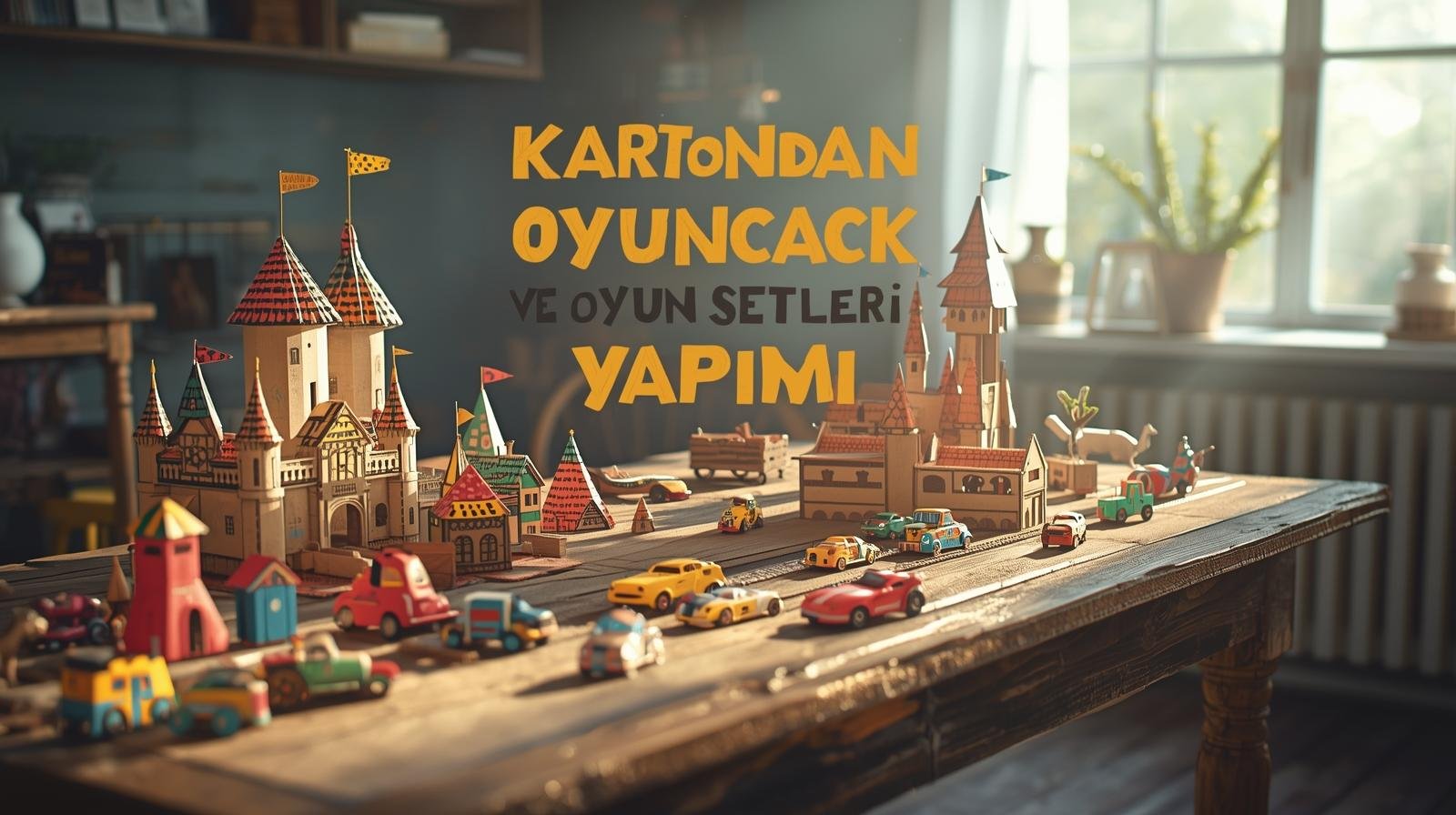 Ev ortamında kartondan yapılmış oyuncak ve oyun setleri: kale, ev ve araba modelleri.