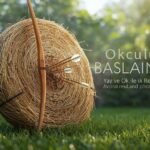 Açık havada hedef tahtasına saplanmış oklarla birlikte bir yay, üzerinde "Okculuga Baslangic: Yay ve Ok ile Ilk Denemeler" yazısı olan kapak görseli.
