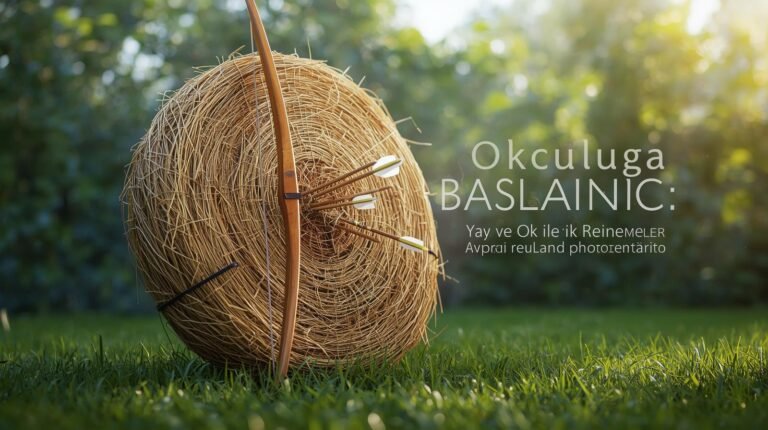 Açık havada hedef tahtasına saplanmış oklarla birlikte bir yay, üzerinde "Okculuga Baslangic: Yay ve Ok ile Ilk Denemeler" yazısı olan kapak görseli.