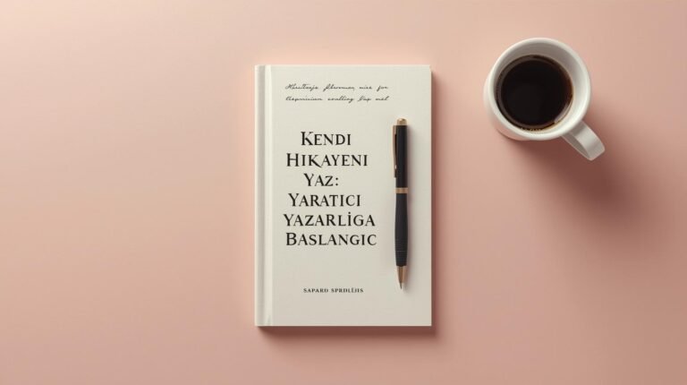 Yaratıcı Yazarlık Başlangıç ​​Rehberi Kapağı – defter, kalem ve kahve bulunan minimalist bir masa