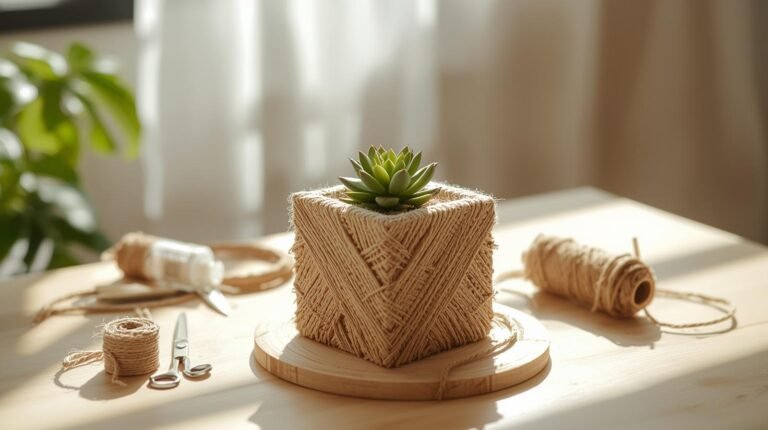 A handmade modern planter made from recycled cereal boxes and wrapped in sisal rope, holding a green succulent on a wooden table.
